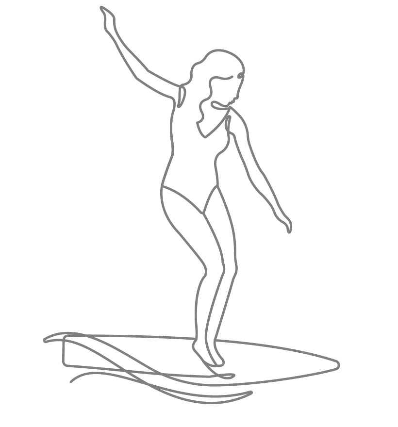 fine line logo design of a woman surfing a longboard. Logo of the surfing nurse