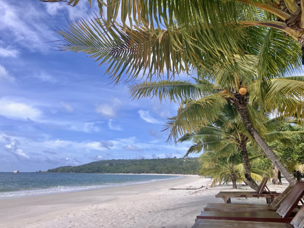 Koh Rong Beach (Long Set Beach) with coconut palms on Koh Rong Island (Cambodia)